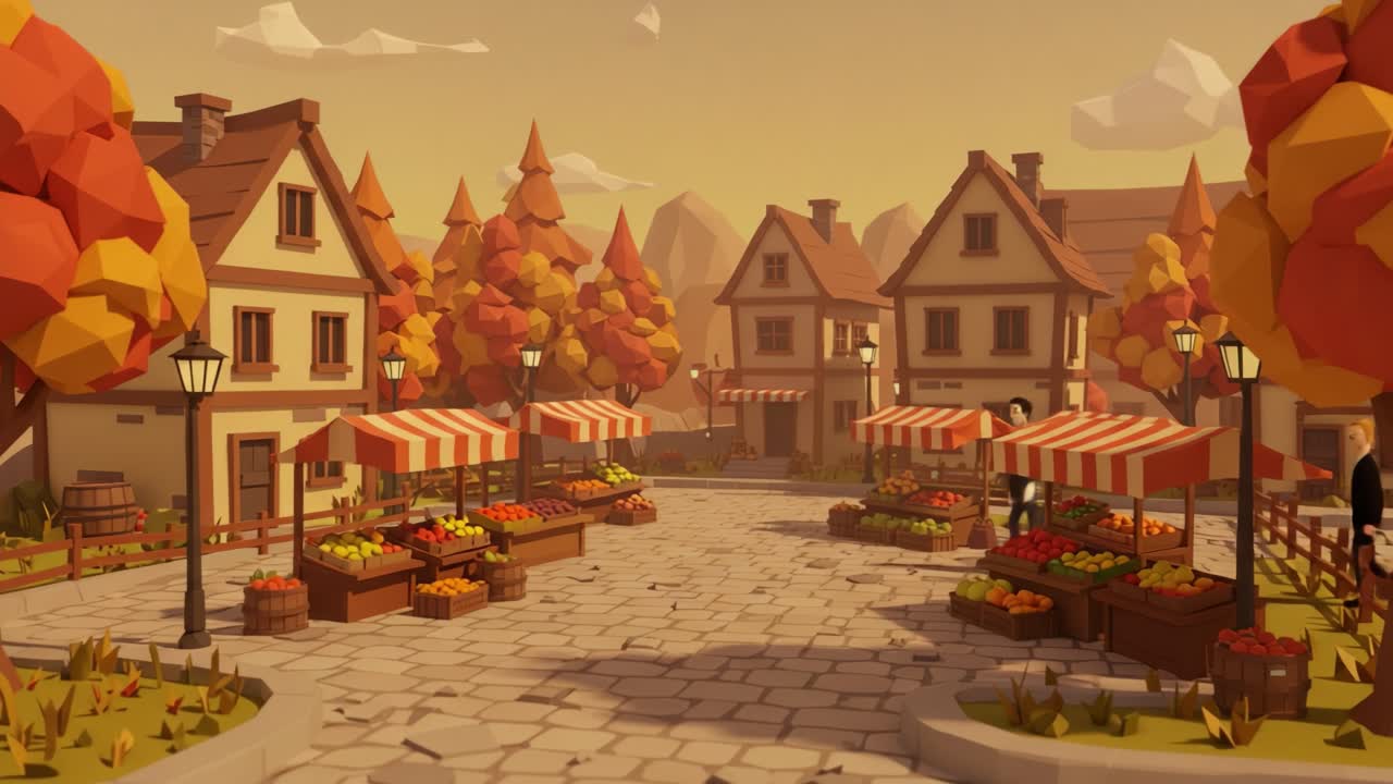 A picturesque village marketplace in autumn showcasing vibrant trees, quaint houses, and colorful stalls filled with fresh produce, capturing the essence of tranquil rural life