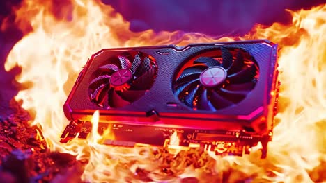 a picture of a video card on fire with flames in the background