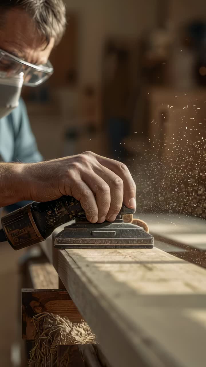 Vertical video: Placing sander, carpenter sanding plank on bench, smoothing wood with goggles mask