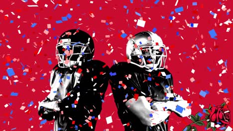 animation of confetti and roses over american football players on red background