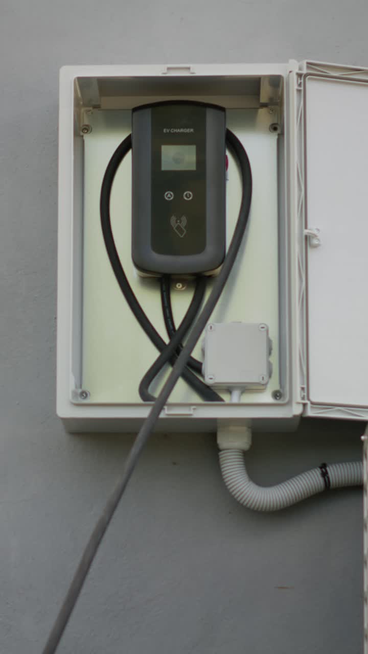 Vertical video Close up of wall mounted home EV car charger station ready for charging