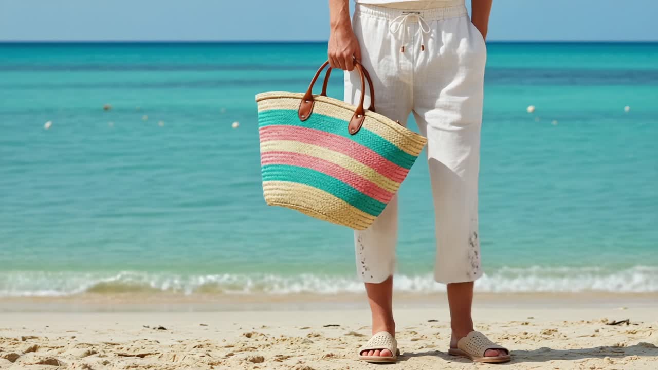 A Vibrant Summer Scene Featuring a Beachgoer in a Breezy Outfit Holding a Striped Straw Tote Bag by the Serene Shoreline with Turquoise Waters and Sandy Beach