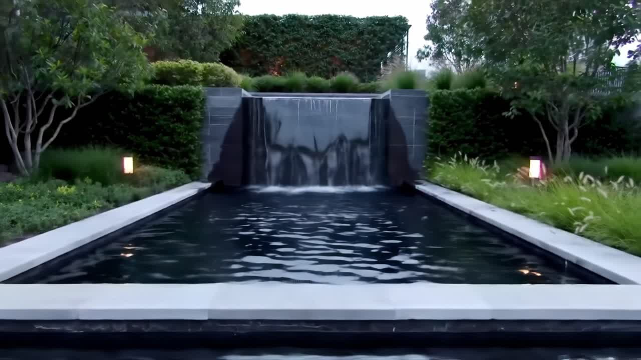 A Serene Waterfall Cascading into a Reflective Pool Surrounded by Lush Greenery and Elegant Landscaping in a Tranquil Outdoor Setting