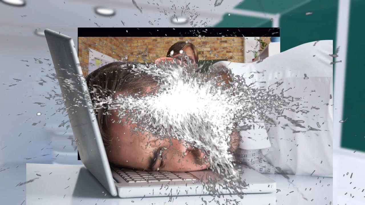 Animation of fireworks over caucasian man sleeping on laptop