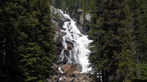 beautiful nature tilting up shot of the hidden falls waterfall up on a hike in the grand teton national park in wyoming, usa