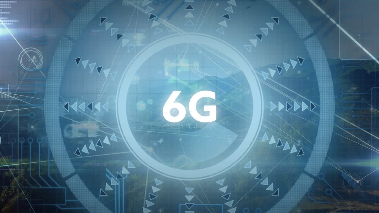 animazione di testo 6g, scansione della portata, scheda di circuiti per computer e elaborazione dei dati