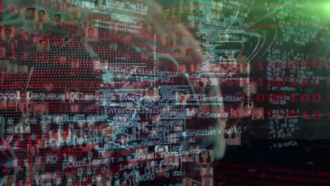 Animation of binary coding, globe with business people photos over glowing computer circuit board