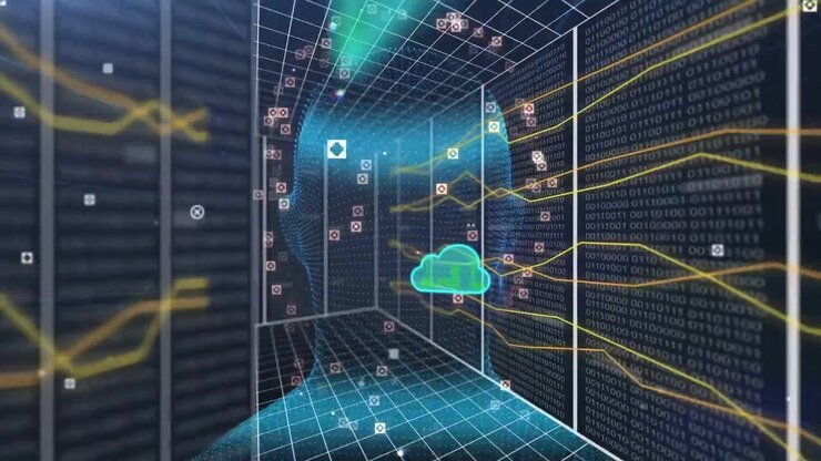 Binary wall sending data, holo head receiving while clouds moving inward, cam panning, showing flow