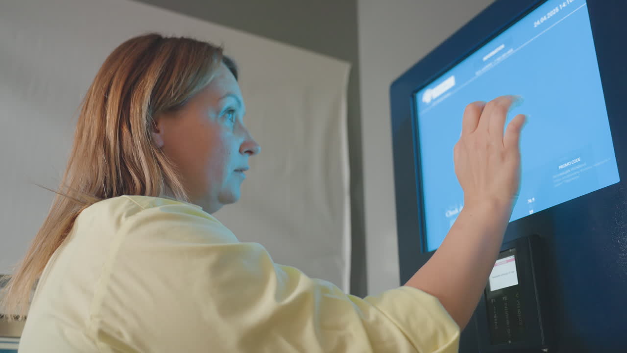 Low angle view shows female business owner at payment kiosk inside laundromat, tapping touchscreen to select dryer program, blue interface glow, contactless self service, indoor technology scene
