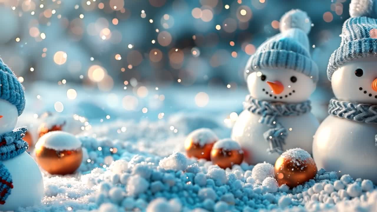 Three snowmen with hats and scarves are sitting on a snowy ground. The snowmen are surrounded by gold and silver balls, which add a festive touch to the scene