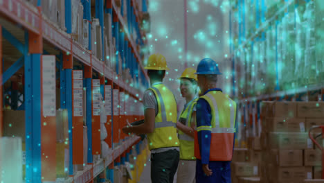 animación de puntos brillantes sobre diversas personas que trabajan en el almacén