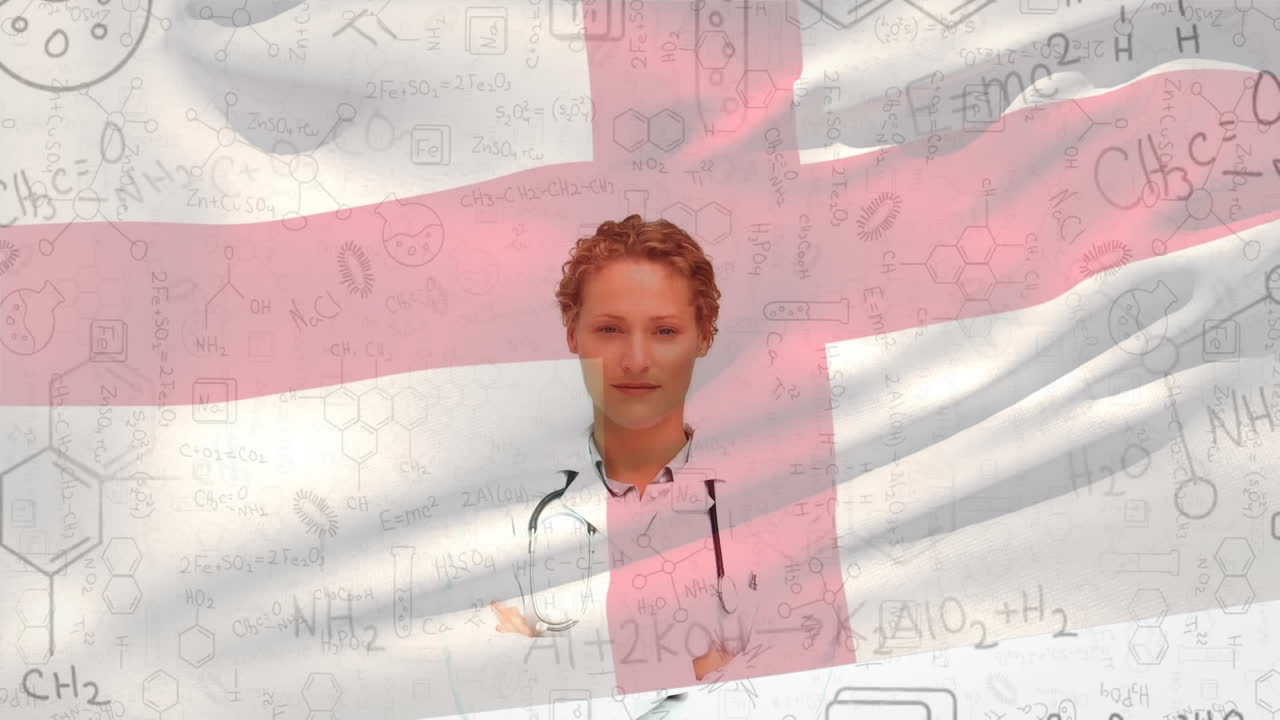 화학 구조와 영국  ⁇ 발을 흔드는 백인 여성 의사의 초상화