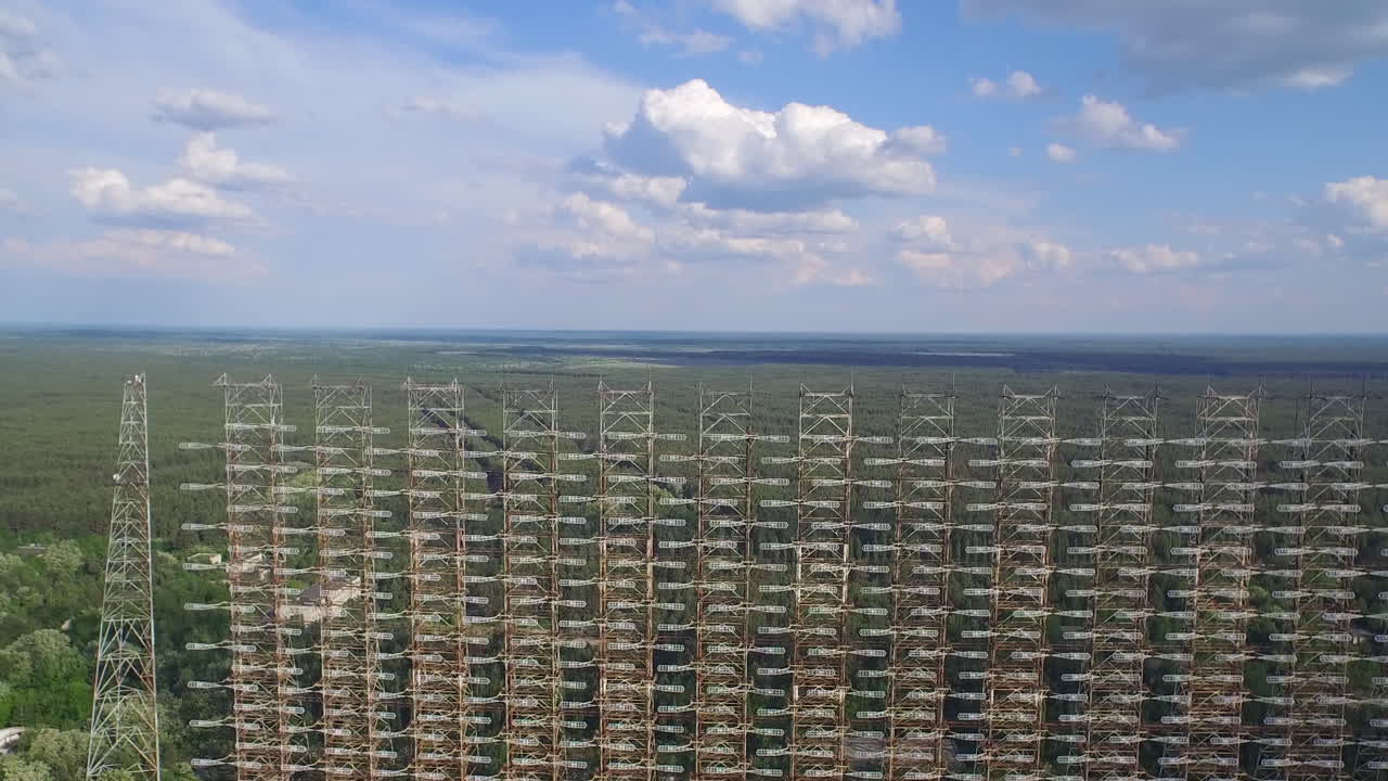Aerial view of the massive Duga radar array, a relic of the Cold War, in the Chernobyl Exclusion Zone
