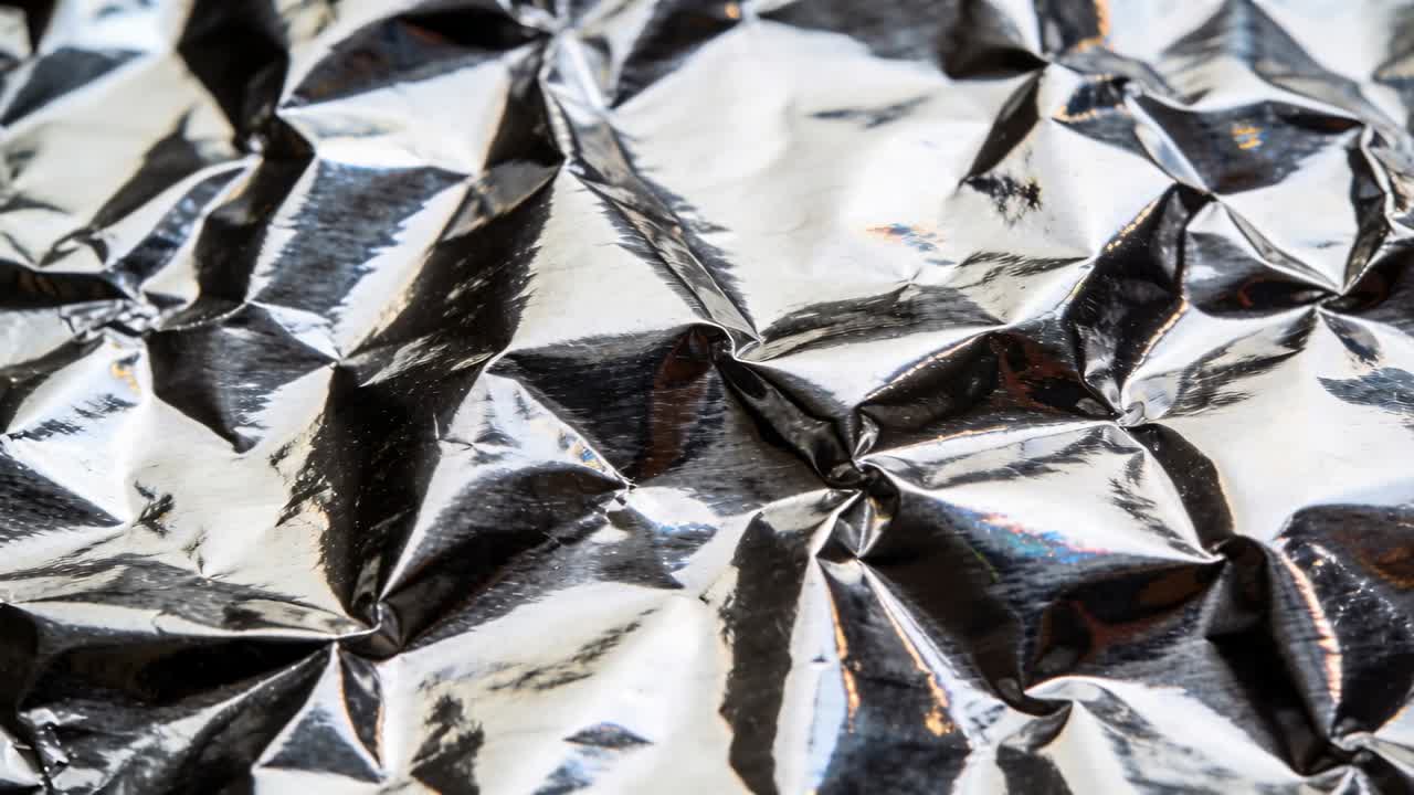 Papel de aluminio arrugado reaccionando a la luz cambiante y el encuadre en estudio mostrando picos brillantes