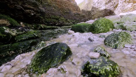 stunning stream with moss covered rocks at the seaside in england