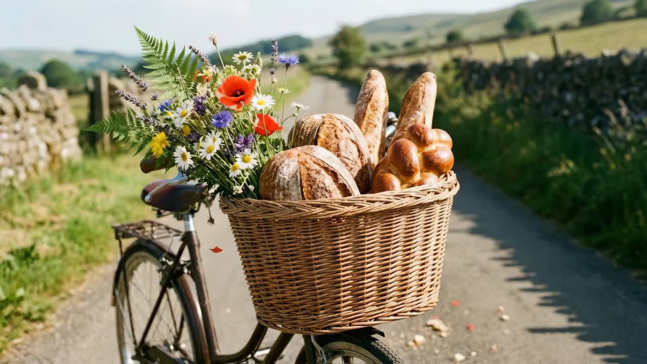 Un vélo avec un panier rempli de pain et de fleurs à la campagne