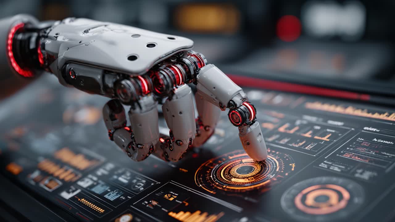 En futuristisk robotisk hånd med en højteknologisk kontrolgrænseflade, der viser kompleks data og grafik, og fremviser avanceret teknologi i aktion
