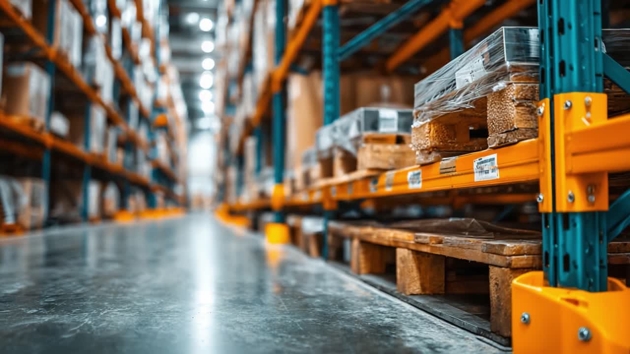 A Detailed View of an Organized Warehouse Aisle with Neatly Stacked Pallets and Warehouse Shelving in a Commercial Storage Environment