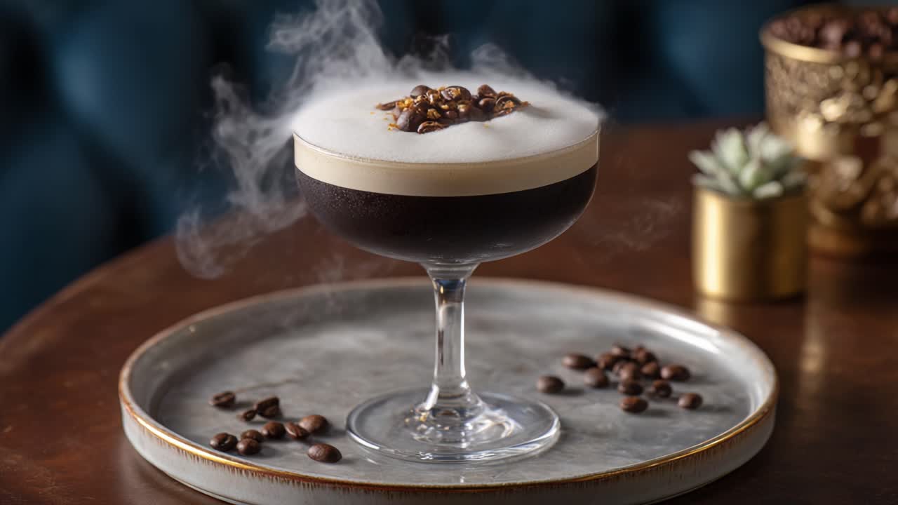 A Captivating Espresso Cocktail Displayed in a Stylish Glass with a Smoky Topping and Decorative Coffee Beans, Set Against an Elegant Background