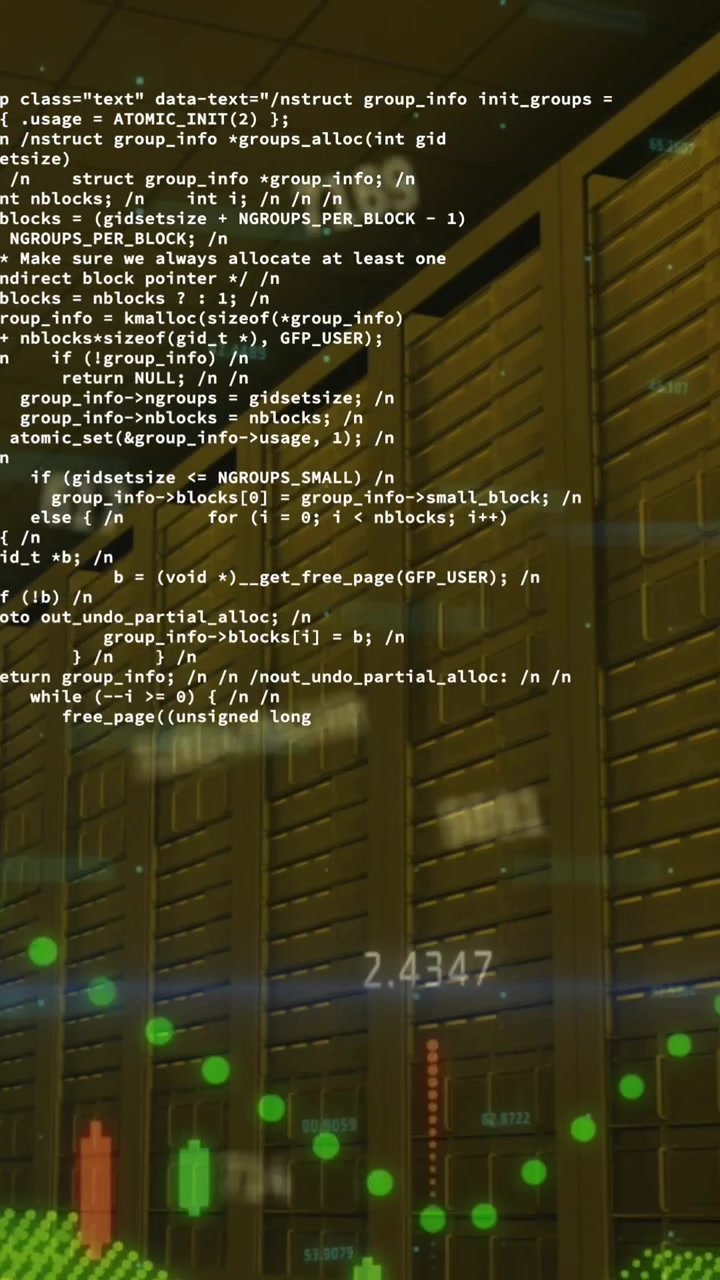 Animation of changing numbers, graphs, computer language over data server room