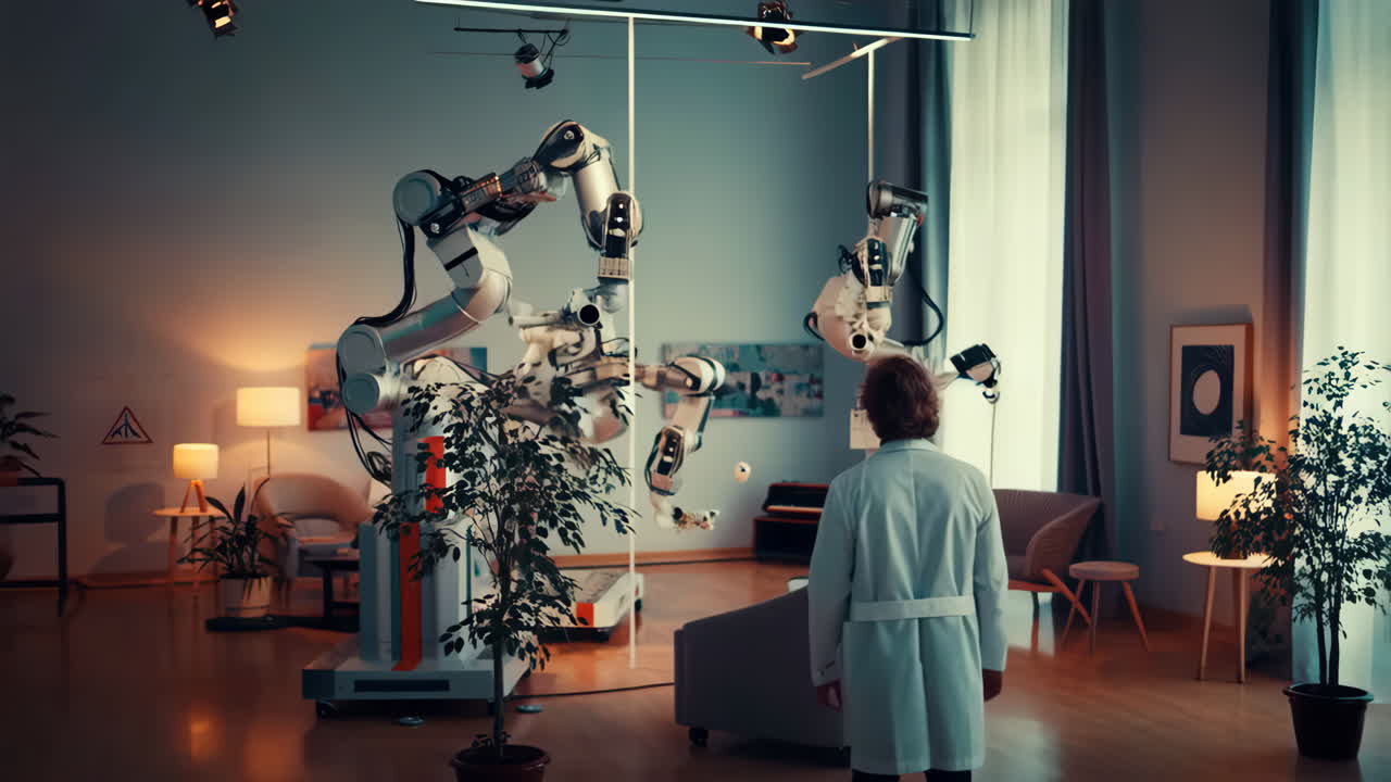 Scientist Observing Advanced Robotic Arms in a Modern Lab Setting