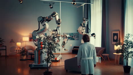 scientist observing advanced robotic arms in a modern lab setting