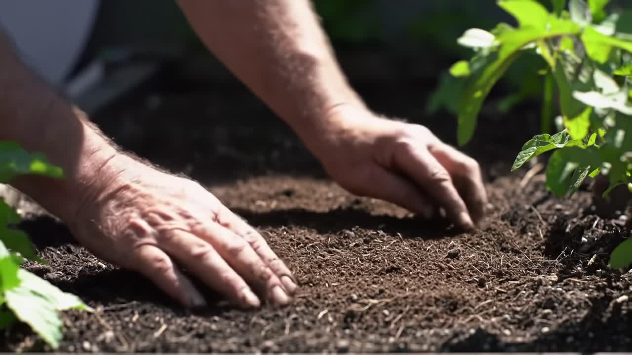 Hands Carefully Tending to Fresh Soil in a Garden, Preparing for Planting, Ensuring Optimal Conditions for Growth and Nurturing New Life in a Flourishing Environment