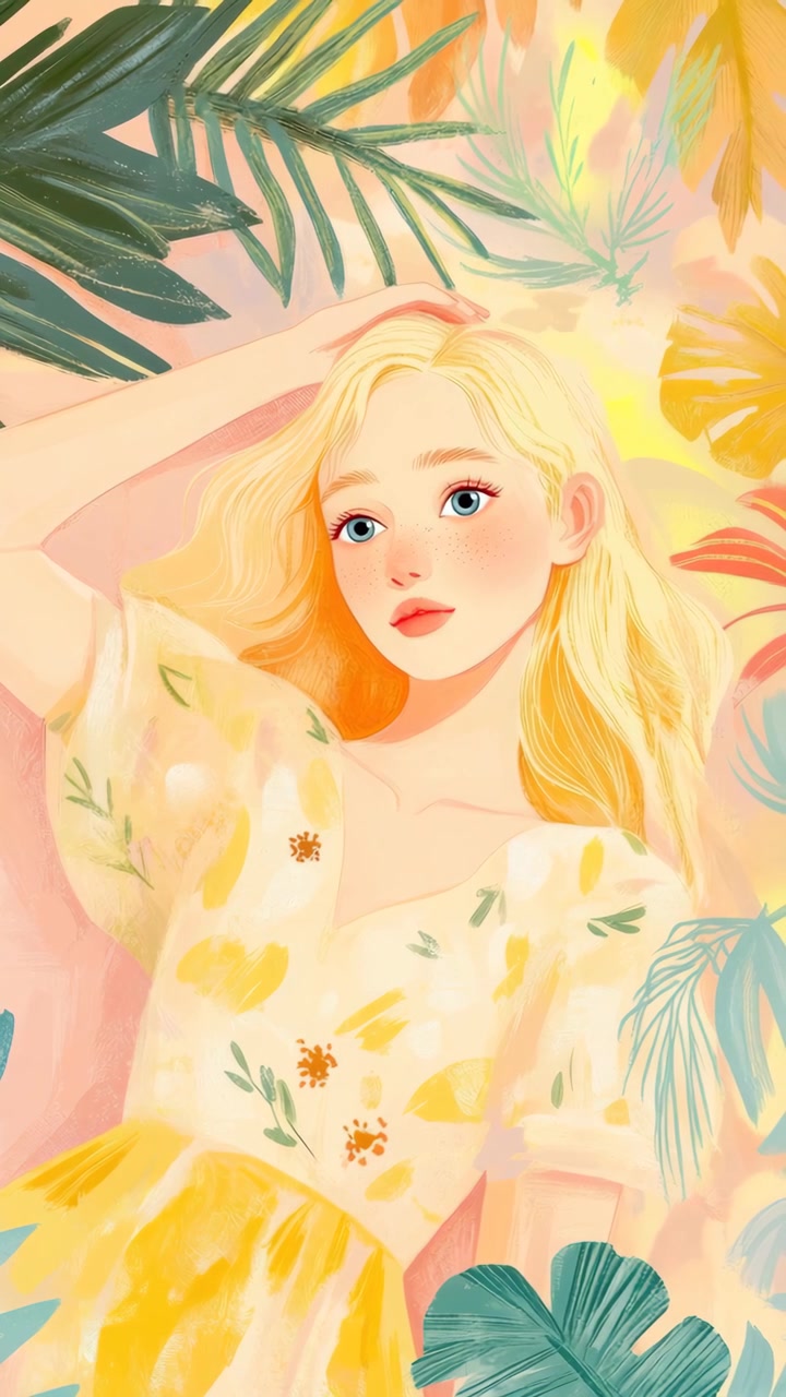 Illustrazione animata di una giovane donna bionda che apre gli occhi in un'ambientazione tropicale