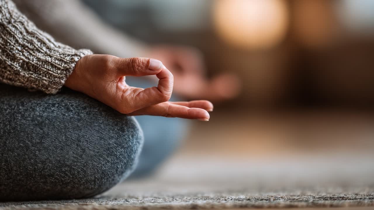 Esplorazione della consapevolezza: un sereno viaggio di meditazione e pace interiore attraverso la respirazione focalizzata e una postura calma in un ambiente tranquillo.