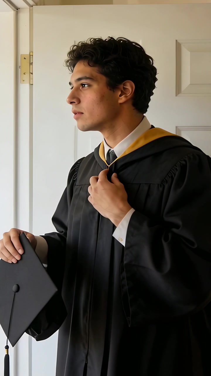 Video verticale: Un laureato che si sistema la toga e il cappuccio dorato, sistemandosi il cappuccio e sollevando il tocco alla porta di casa per la laurea.