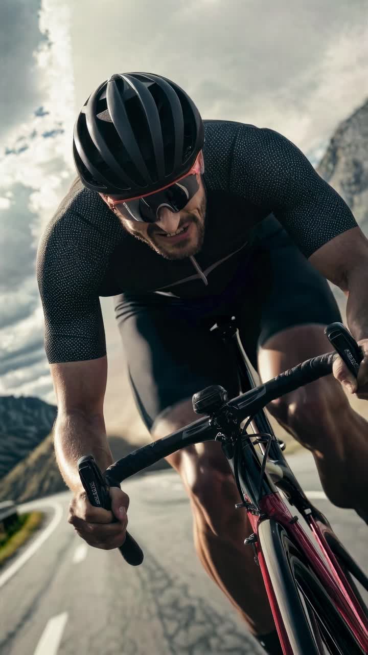 Scatto dinamico dal basso di un ciclista in movimento, che enfatizza velocità e concentrazione, ideale per un video sportivo