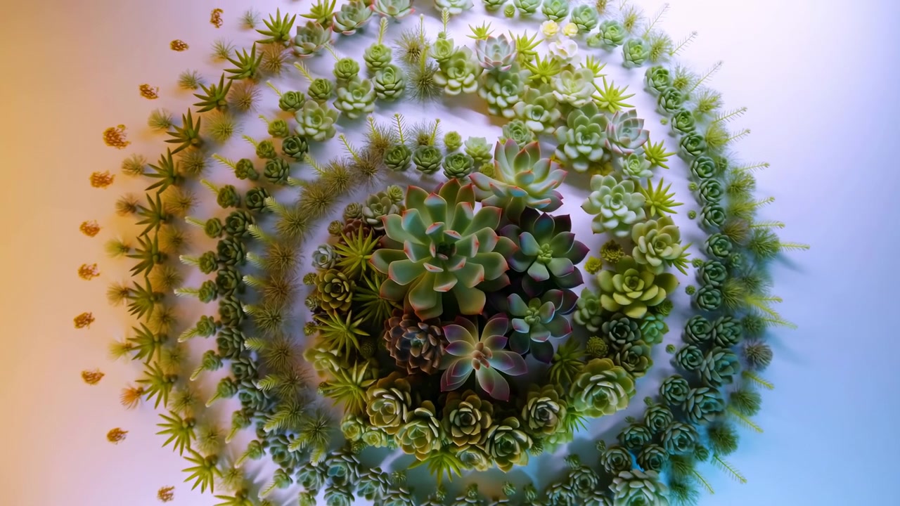 Top-down view follows layered succulent rosettes and small leafy plants turning smoothly around the center, with soft shadows, vivid green tones, and warm-to-cool edge lighting.