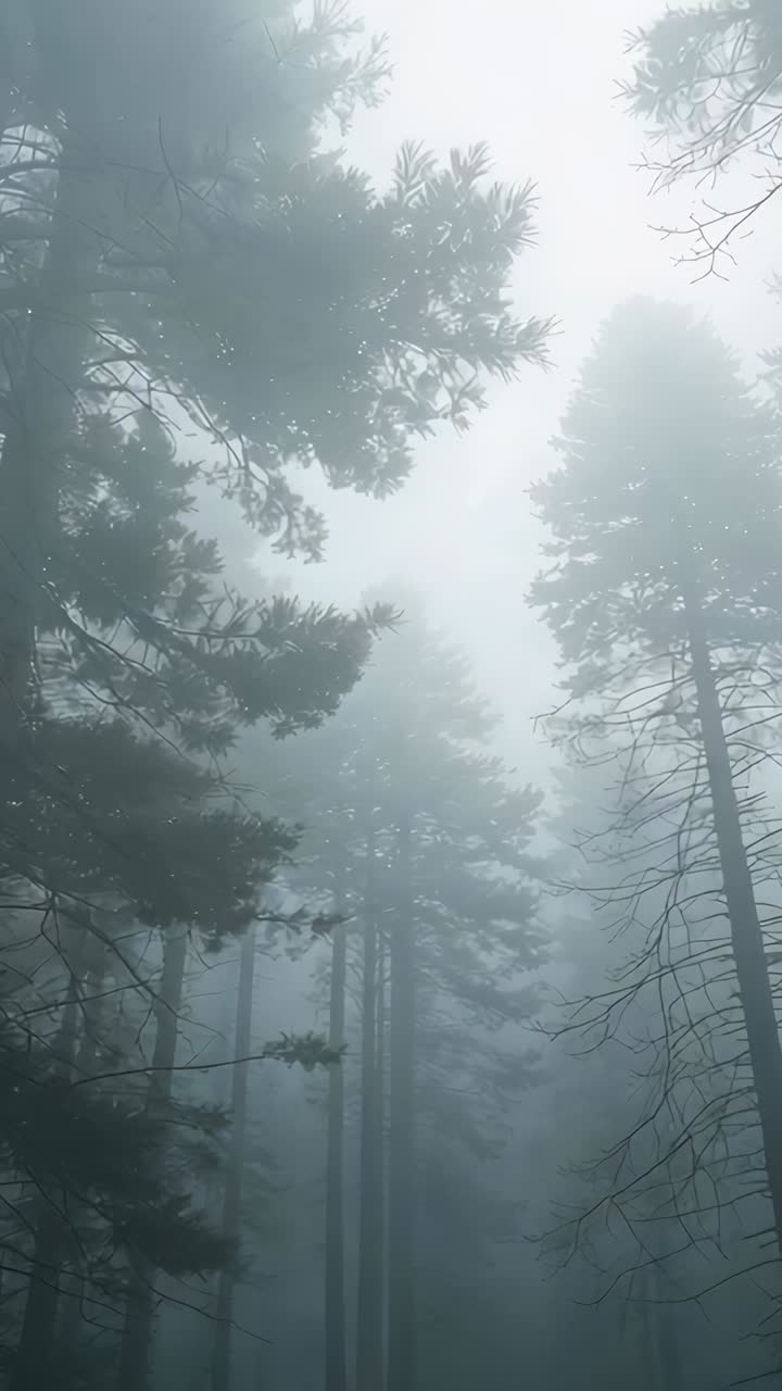 Vertical video: Tilting camera framing tall pine trunks in mountain forest, revealing foggy crowns