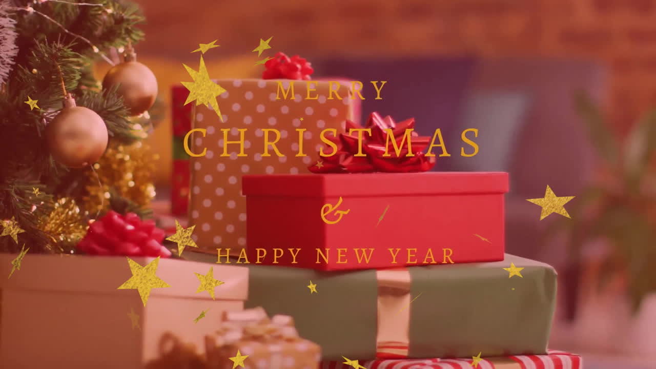 Animation of stars and merry christmas text over presents