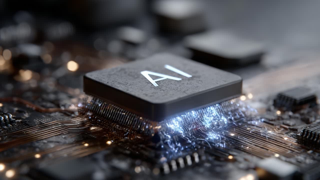 A close-up view of a state-of-the-art AI microprocessor on a circuit board, showcasing intricate details and glowing connections that highlight the advancements in technology