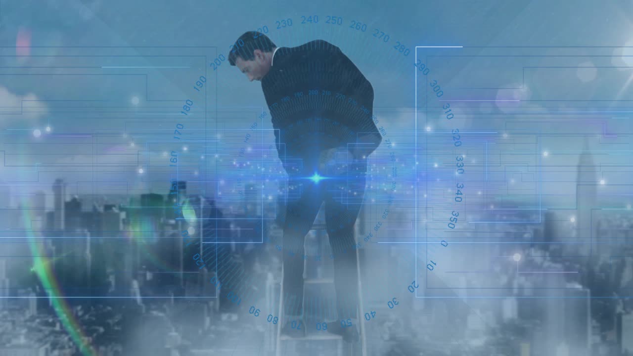 Businessman spotting blue central glow and leaning on ladder, analyzing foggy skyline data with HUD