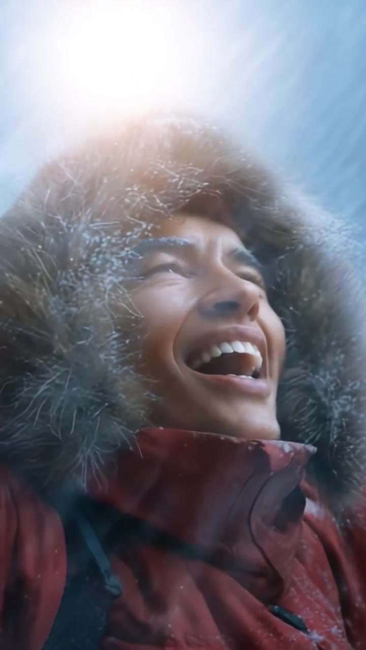 A joyful moment captured in winter, showcasing a person in a warm, fur-lined parka, laughing and embracing the beauty of nature amidst falling snow.