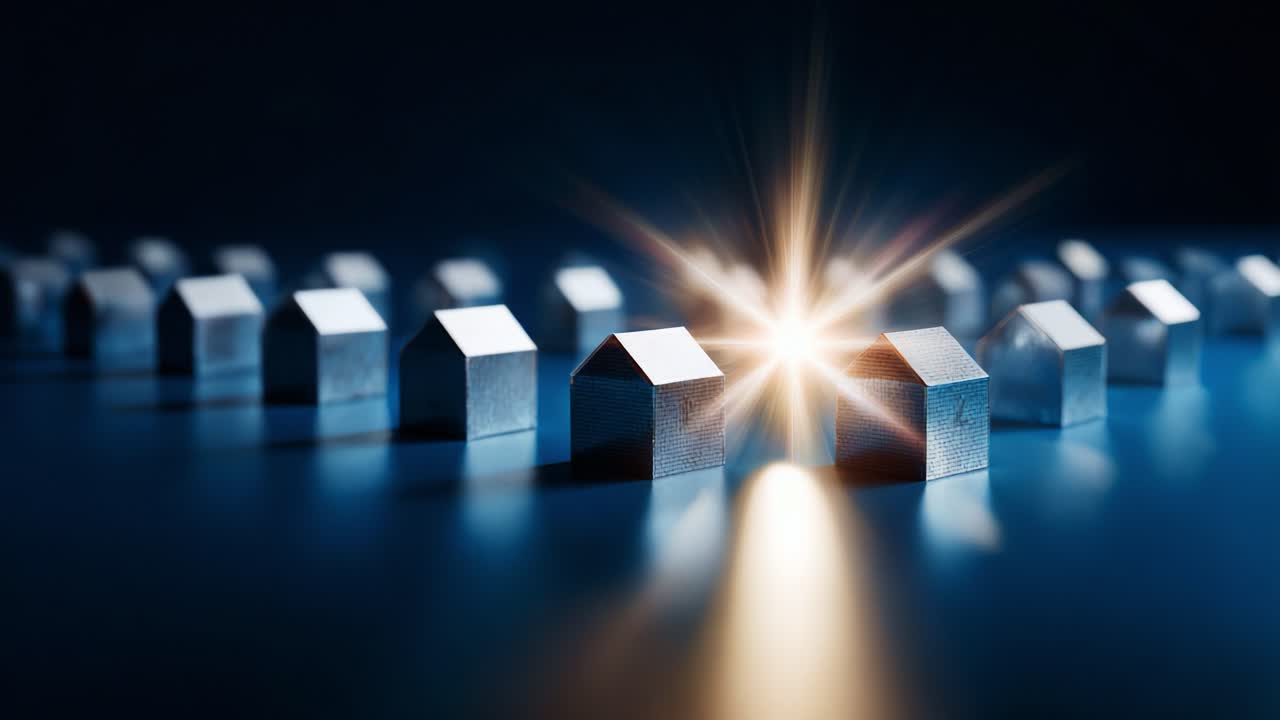 In a mesmerizing display of light and perspective, two metallic house-shaped structures stand out amidst a symphony of silver geometric forms, casting reflections and shadows in a tranquil, darkened space