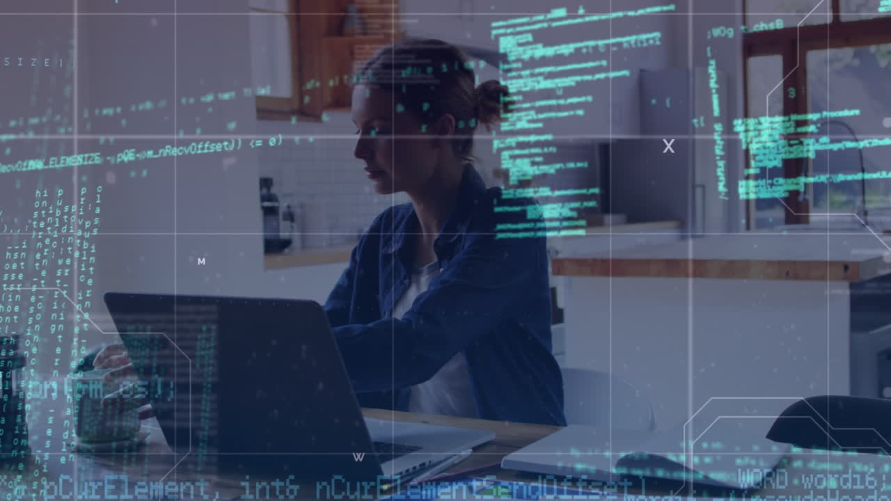 Animation of data processing over smiling financial data processing over businesswomen using tablet
