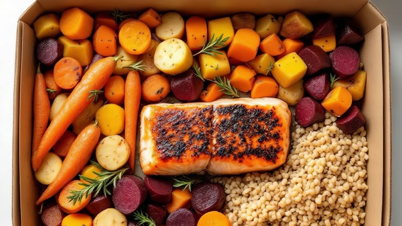 Delicious grilled salmon seasoned with pepper and herbs, served with roasted carrots, beets, potatoes, and couscous in an eco friendly takeaway box