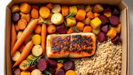 delicious grilled salmon seasoned with pepper and herbs, served with roasted carrots, beets, potatoes, and couscous in an eco friendly takeaway box