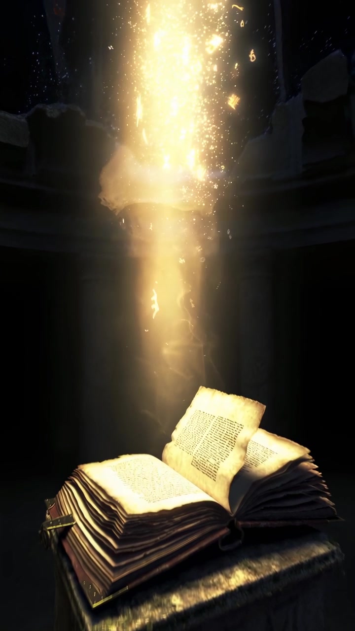 Antico Libro Aperto con Simboli Magici Luminosi che si Innalzano nell'Aria
