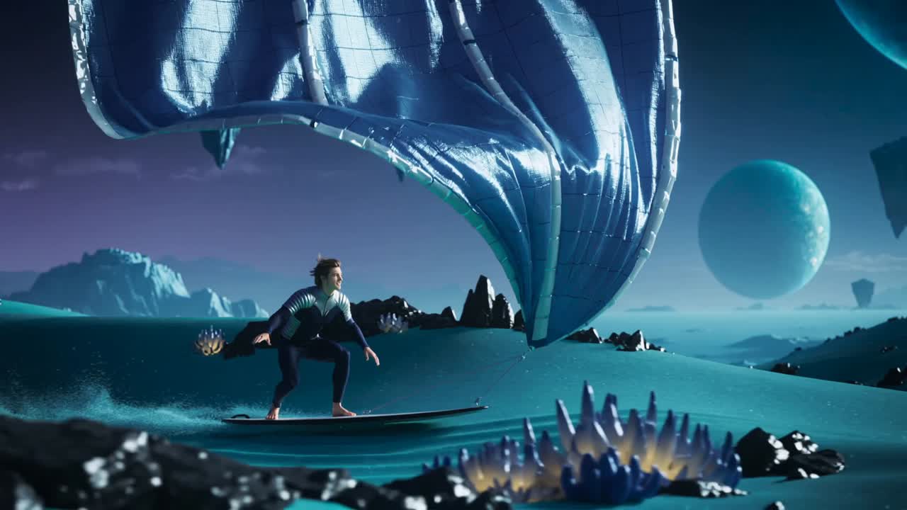 Riding man in wetsuit leaning balancing on board across alien dunes as whale structure approaches