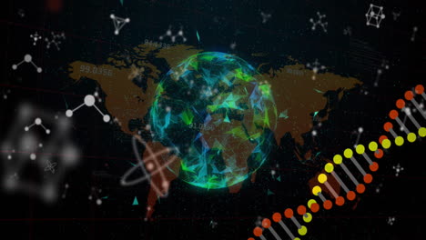 animación de la hilera de adn girando y moléculas sobre el globo y el mapa del mundo