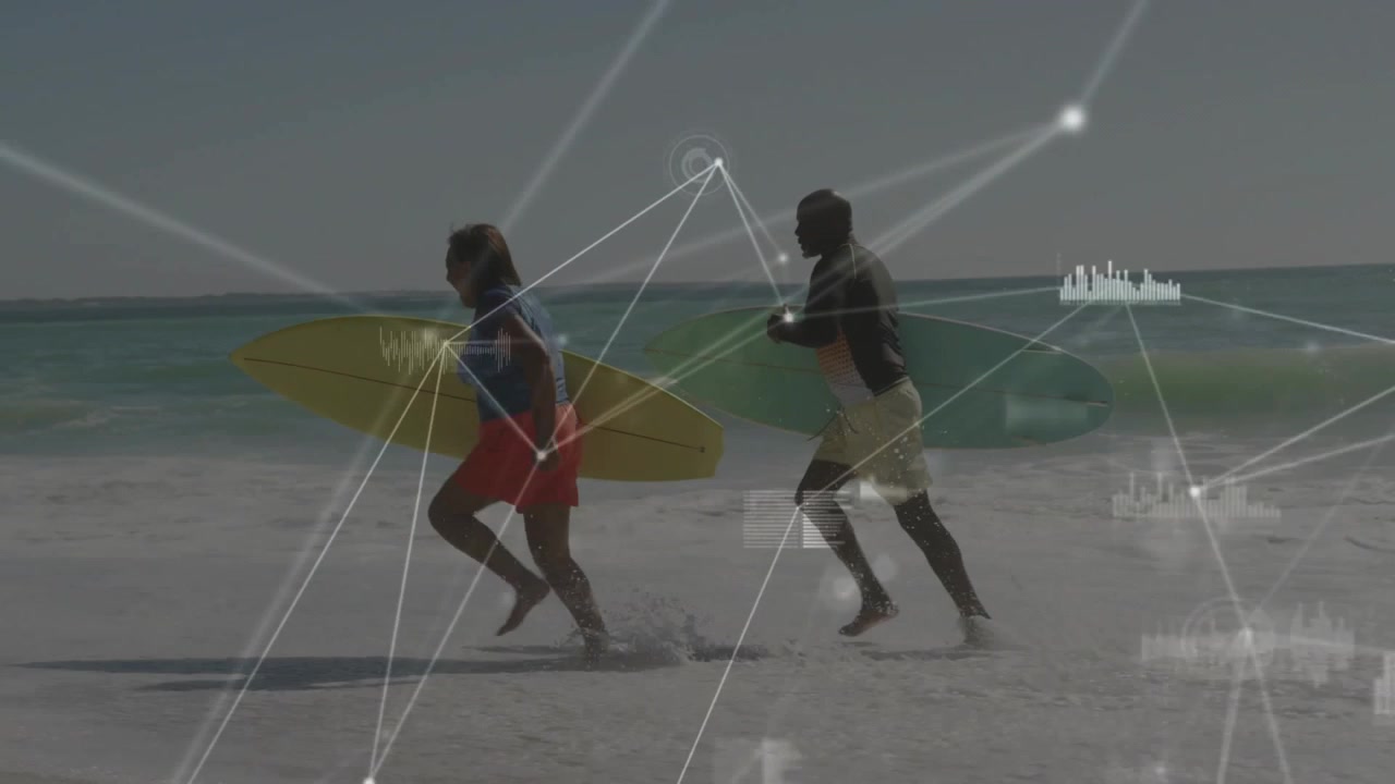 Man and woman carrying boards running shore, preparing to catch wave while tech HUD tracing motion