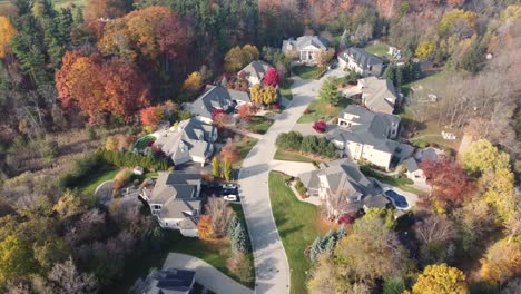 Aerial-View-Of-Modern-Villas-Surrounded-With-Autumnal-Trees-Near-Pinery-Provincial-Park,-Ontario,-Canada