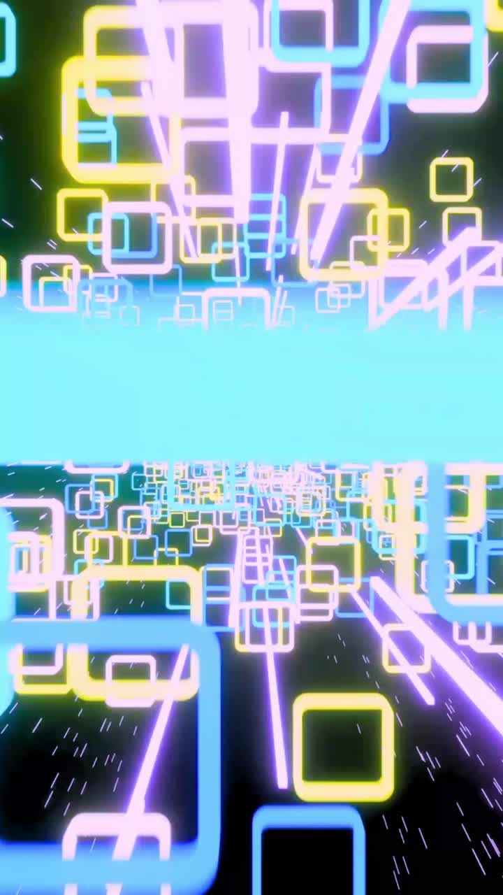 Abstrakter digitaler Tunnel mit leuchtenden Neon-Quadraten und -Linien