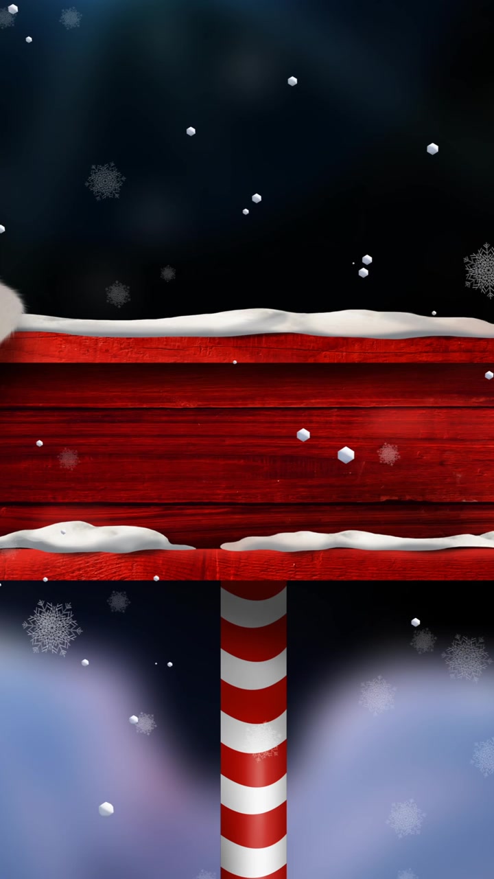 Animation of christmas santa hat on red sign with copy space and snow falling background