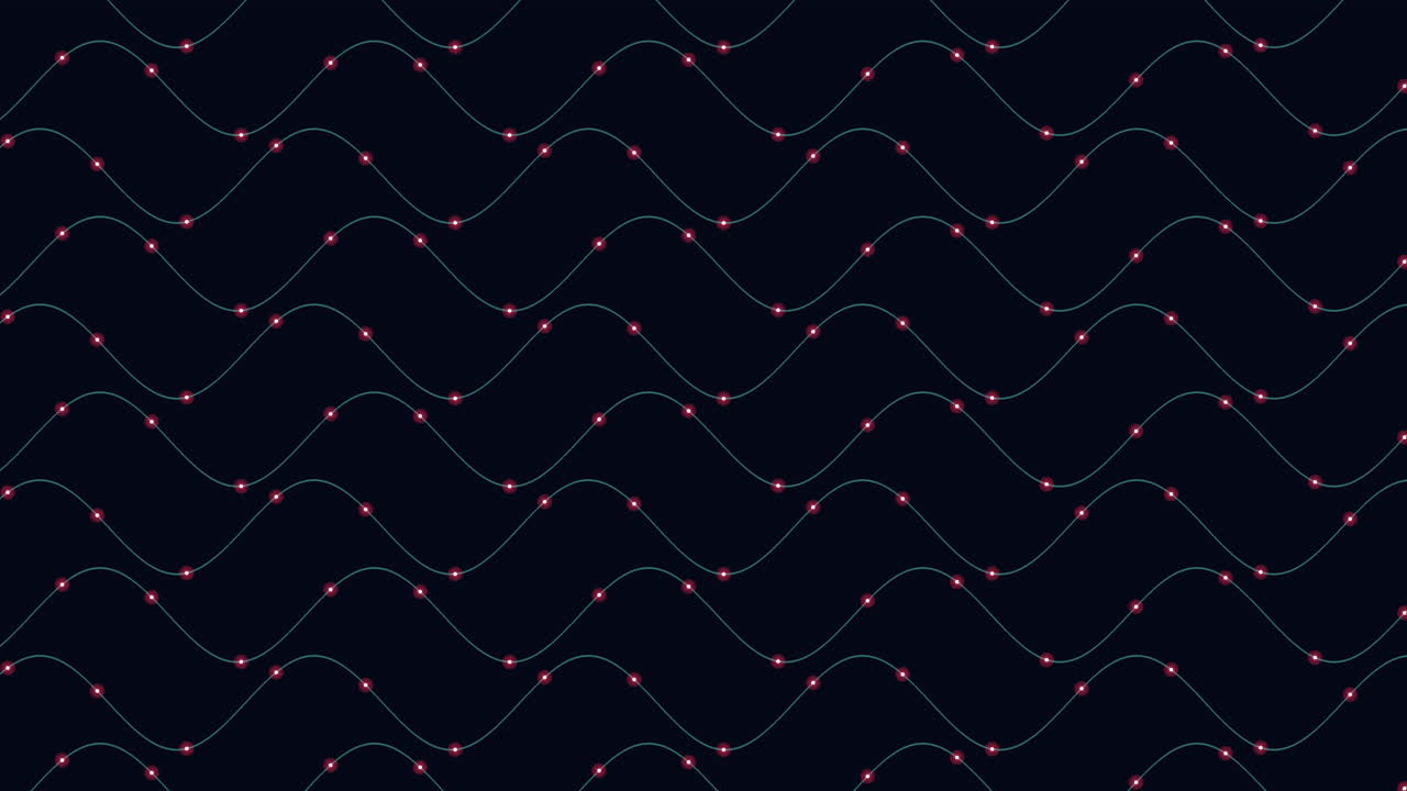 Seamless abstract footage of glowing sine waves with red connection nodes on a dark background, ideal for technology, data flow, network, and science visuals