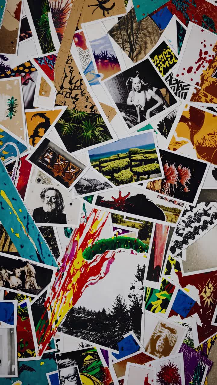 Aerial view of a vibrant collage of photos and art prints, blending nature, portraits, and abstract